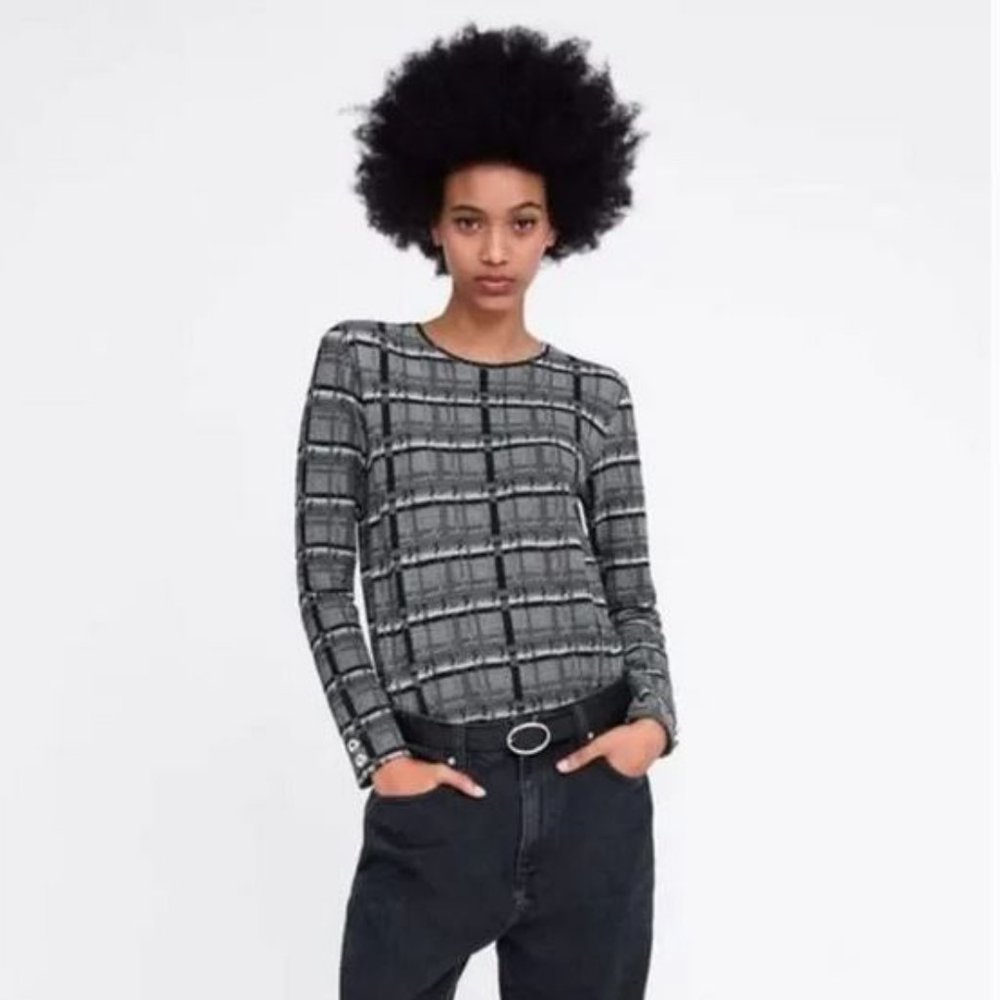 Zara Plaid Textured Long Sleeves Top, NWOT, S
